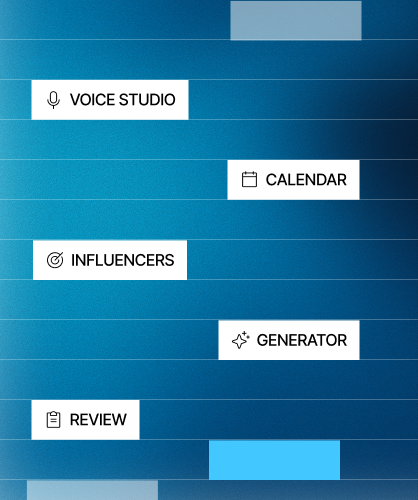 Portal modules: Voice Studio, Calendar, Influencers, Generator, Review